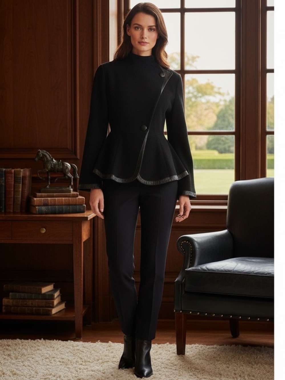 Wool leather trim Black Asymmetrical Peplum Jacket  Bell Sleeve Size S
